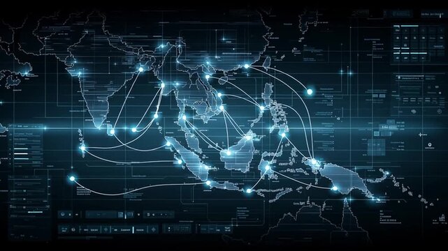 Futuristic Digital Map of ASEAN Region &ndash; Logistics and Technology Hub Concept (AI Generated)