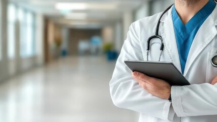 Digital Healthcare: Doctor Using Tablet in Hospital Corridor for Patient Management and Treatment - Powered by Adobe