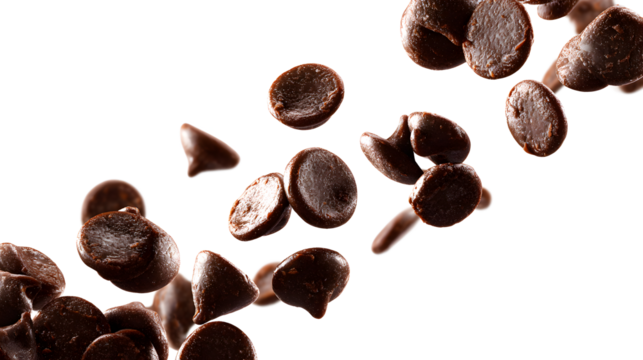 brown chocolate chips falling, flying in the air isolated on a white background