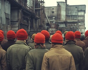 Industrial worker strike at factory &ndash; organized worker strike in front of industrial building, united worker strike movement for labor rights during worker strike protest