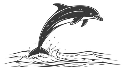 A dolphin leaping out of the water with splashing waves in a black and white sketch illustration