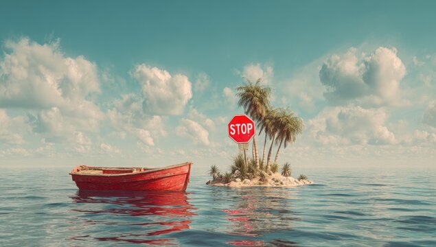 A deserted island with a red boat and a stop sign