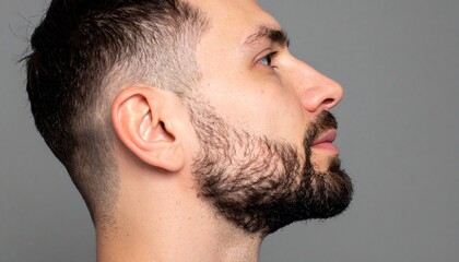Obraz premium Close-up profile view of a man with a short haircut and a well-groomed beard, looking off into the distance against a neutral backdrop.