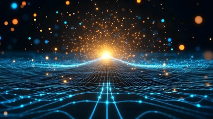 Futuristic data grid with glowing particles – digital data grid landscape for AI systems, dynamic data grid for visualization and abstract data grid background