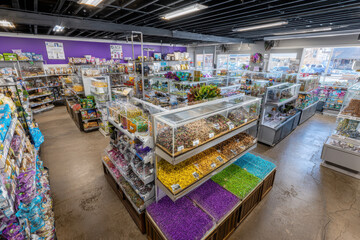 vibrant and bustling pet store specializing in unique products for exotic pets