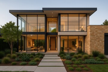 Contemporary suburban home with expansive glass walls and landscaped garden showcasing modern architectural design
