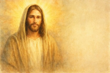Contemporary watercolor portrait of Jesus Christ with soft ethereal lighting and peaceful expression on textured paper