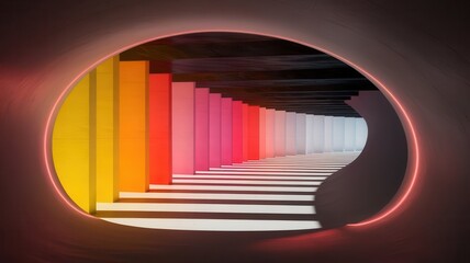 Obraz premium Illuminated Tunnel of Gradient Hues and Shadow Patterns, Abstract Passage