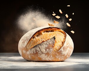 Rustic artisan bread with flour dust – golden artisan bread loaf on dark background, fresh-baked artisan bread for bakery branding and artisan bread photography