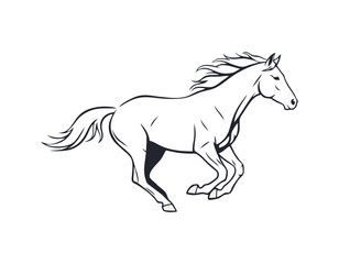 Side profile silhouette of a galloping horse, clean vector lines, one solid color