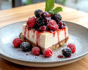 Mixed berry cheesecake dessert – gourmet mixed berry cheesecake with raspberry, blackberry, and juicy sauce topping for mixed berry cheesecake lovers