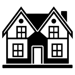 Simple Black and White House Icon with Two Gables and Chimney