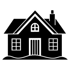 Simple Black and White House Icon with Chimney and Arched Window