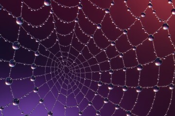 Intricate golden spider web with morning dewdrops against deep purple gradient background illuminated by soft studio lighting
