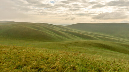 Expansive green hills under a cloudy sky, showcasing gentle slopes and natural textures, creating a serene landscape ideal for outdoor exploration and tranquility