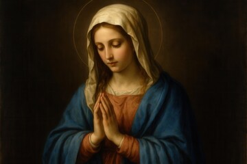 Renaissance-style oil painting portrait of Virgin Mary with serene expression and golden halo in classical composition