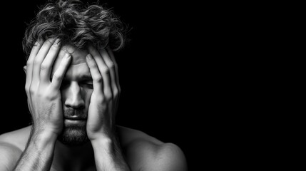 Black and white portrait of a man with curly hair and beard covering his face in emotional distress