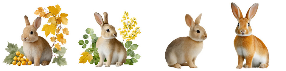 Fototapeta premium Four brown rabbits sitting and surrounded by clusters of yellow flowers and green leaves.