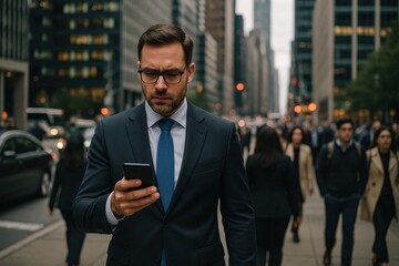 Professional businessman checking urgent messages on smartphone while walking through busy downtown business district