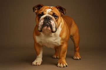 Fototapeta premium Stocky English bulldog with wrinkled face and muscular build posing confidently against clean white studio background