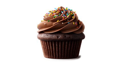 Close-up of one chocolate muffin in a paper form isolated on a white background