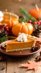 Slice of pumpkin pie, autumnal decor