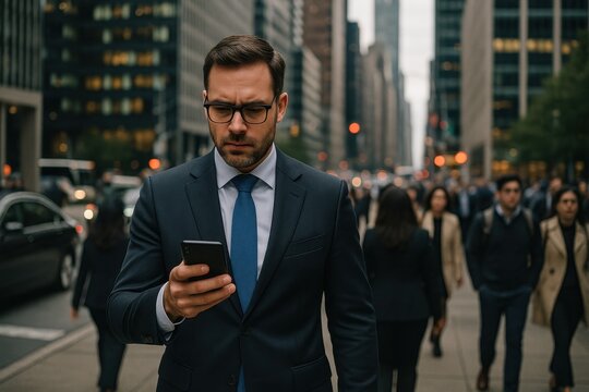 Professional businessman checking urgent messages on smartphone while walking through busy downtown business district