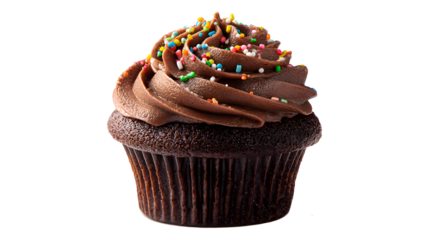 Close-up of one chocolate muffin in a paper form isolated on a white background