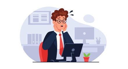 Surprised businessman at his computer, perfect for illustrating stress, deadlines, or unexpected news in business contexts.