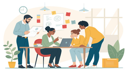 Diverse team collaborating on a project, perfect for illustrating teamwork and business success in presentations or websites.