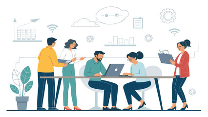 Diverse team collaborating on a project, perfect for illustrating teamwork, innovation, and modern business concepts.