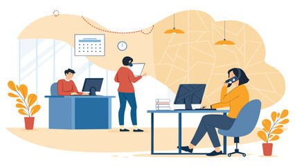 Modern office workers collaborating, perfect for websites or brochures showcasing teamwork and productivity.
