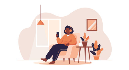 Relaxed woman listening to music on her phone at home, perfect for blog posts about well-being or mindfulness.