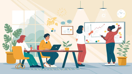 Diverse team brainstorming and presenting data on whiteboard, perfect for business reports and presentations.
