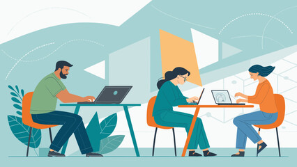 Diverse team collaborating on laptops in modern office, ideal for website or presentation.