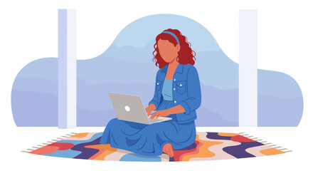 Woman working on laptop from home, illustration for website or blog post about remote work.