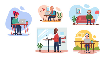 Diverse group of people working remotely from home, perfect for illustrating work from home, telecommuting, or remote work concepts.