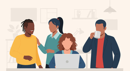 Diverse team collaborating in a modern office, perfect for illustrating teamwork and productivity on your website or brochure.