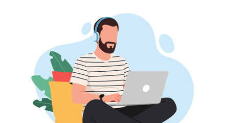 Man working on laptop, wearing headphones, perfect for blog posts about remote work or online learning.