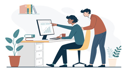 Two colleagues collaborating on a project, reviewing data on a computer screen. Ideal for website banners, presentations, and marketing materials.