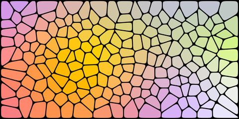  Colorful mosaic pattern with irregular polygonal tiles, transitioning smoothly through a pastel rainbow gradient and outlined in bold black lines.