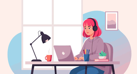 Young woman working from home on laptop, perfect for remote work, freelance, or online learning websites.
