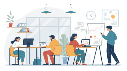 Teamwork in a modern office: Diverse colleagues collaborate on a project, using laptops and a whiteboard for presentations. Ideal for websites, brochures, and reports.