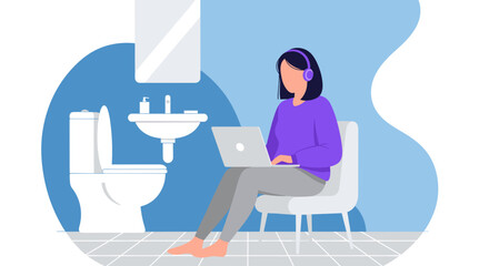 Woman working on laptop in bathroom - illustration for blog, website or social media.