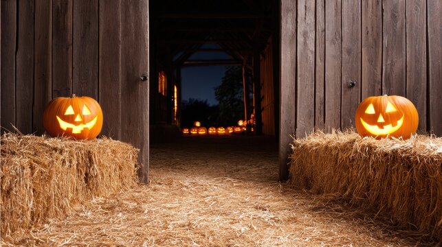 Two glowing jack-o'-lanterns on hay bales in a barn entrance at night with more pumpkins behind