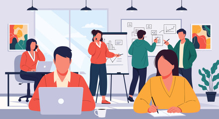 Diverse team collaborating in a modern office, perfect for illustrating teamwork and productivity on a company website or presentation.