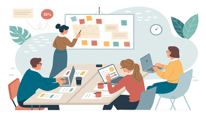 Teamwork, brainstorming, and business presentation: A vector illustration perfect for marketing materials, websites, or reports.