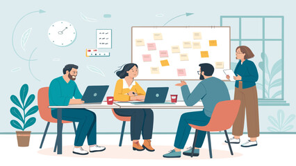 Teamwork, brainstorming session, business meeting, colleagues collaborating on project, startup office, modern workspace, landing page, brochure design.