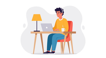 Young man working on laptop from home, ideal for remote work or freelance blogs.