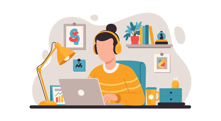 Person working from home on laptop, wearing headphones. Illustration perfect for remote work, freelance, or productivity blogs.